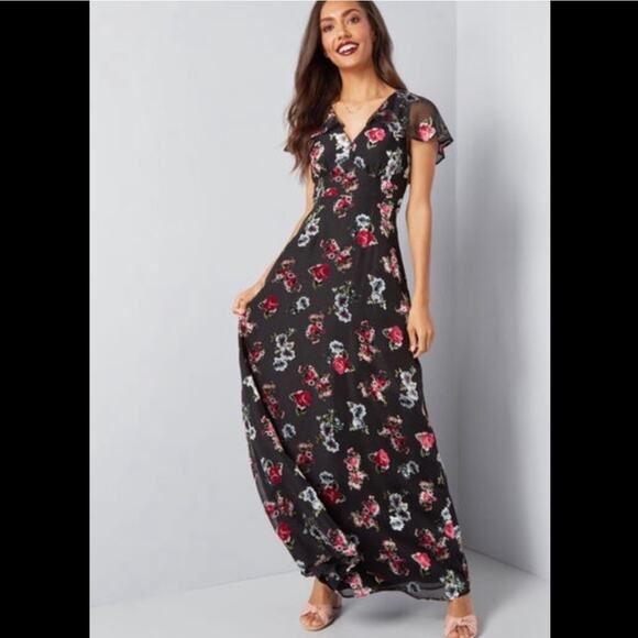 ModCloth x Anna Sui Black&Pink Floral Velvet Burnout Maxi Dress Sz.4 - Picture 1 of 16